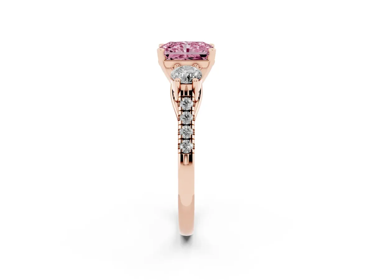 Fancy Pink Three-Stone Radiant Cut Diamond Pavé Band with Four-Prong Setting Rose gold