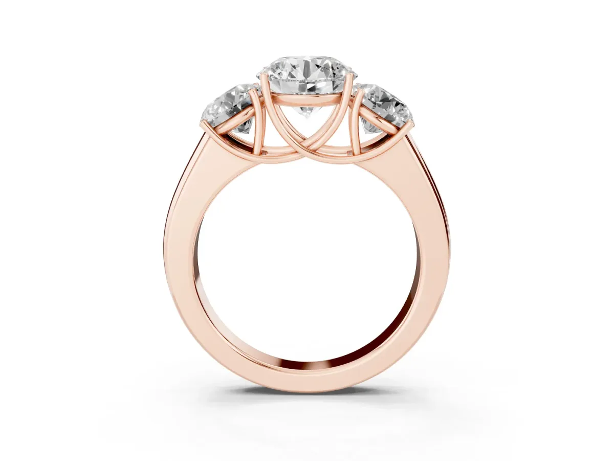 Three-Stone Round Cut Cut Diamond Ring with Prong Setting and Classic Band Rose gold