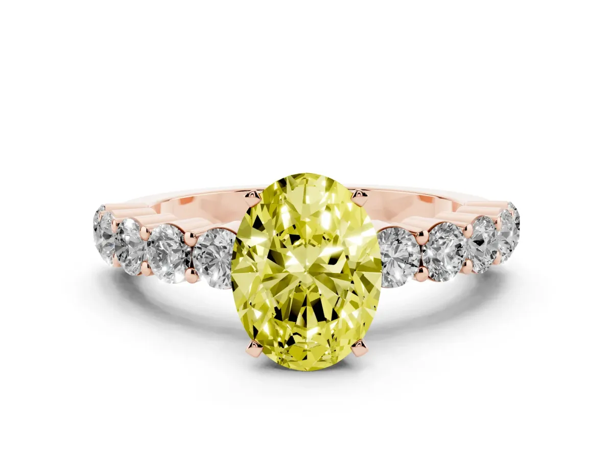 Fancy Yellow Oval Cut Diamond Solitaire Ring with Shared Prong Round Side Stones Rose gold
