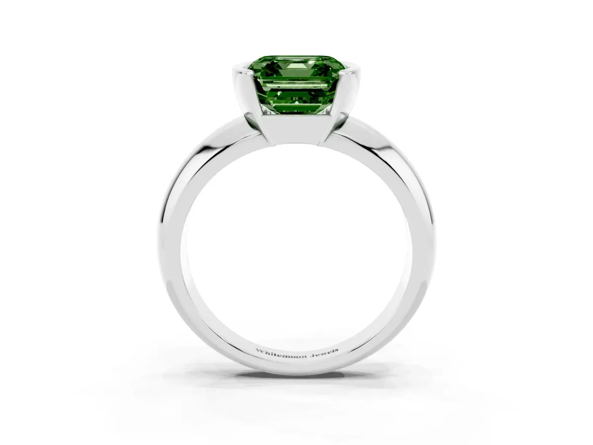Fancy Green Asscher Cut Solitaire Tension Set Diamond Ring with Wide Band White gold