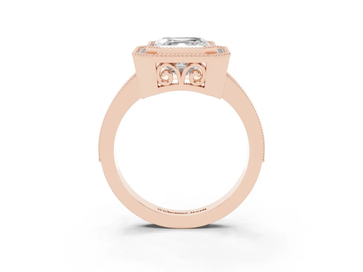 Asscher Cut Cut Halo Diamond Ring with Pavé Band and Milgrain Prong Setting Rose gold