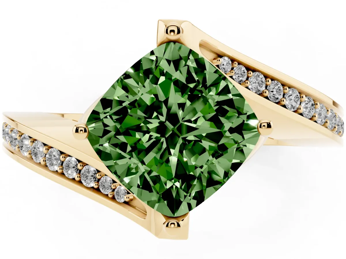 Fancy Green Cushion Cut Solitaire Diamond Twist Band with Pavé Setting and Four-Prong Setting Yellow gold