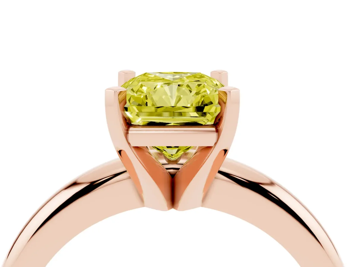 Fancy Yellow Radiant Cut Diamond Solitaire Engagement Ring with Round Band and Four-Prong Setting Rose gold