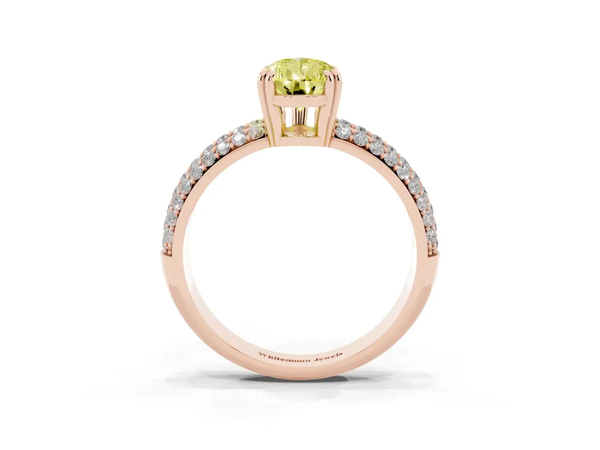 Fancy Yellow Pear Cut Diamond Solitaire Ring with Multi-Row Round Pavé Band and Prong Setting Rose gold
