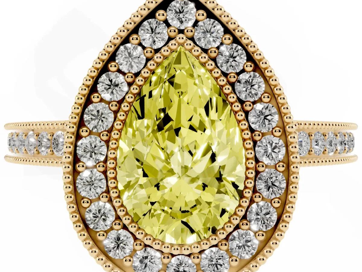Fancy Yellow Pear Cut Cut Halo Diamond Ring with Pavé Band and Milgrain Prong Setting Yellow gold