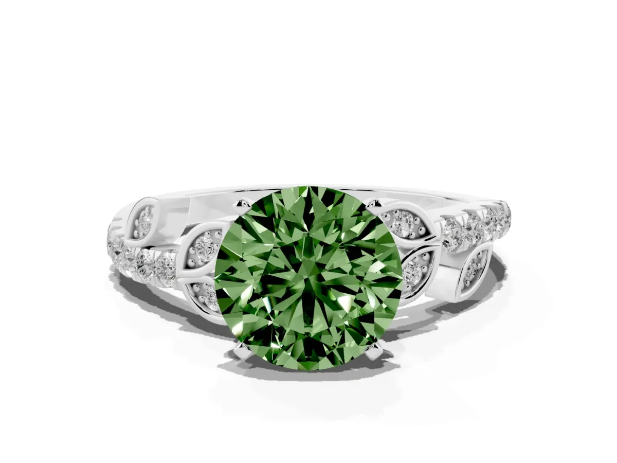 Fancy Green Round Cut Solitaire Leaf-Inspired Diamond Ring with Pavé Band and Four-Prong Setting Silver