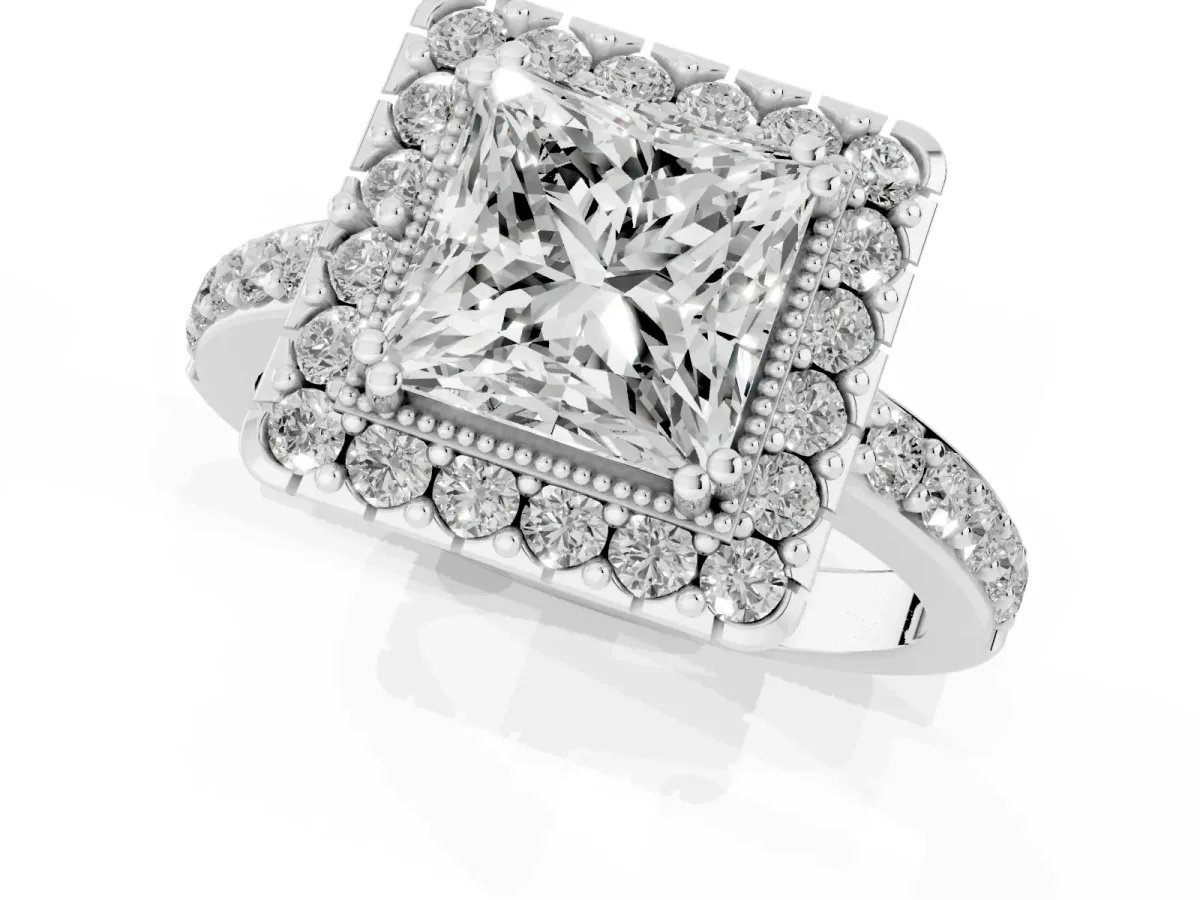 Princess Cut Diamond Halo Ring with Pavé Band and Prong Setting Silver