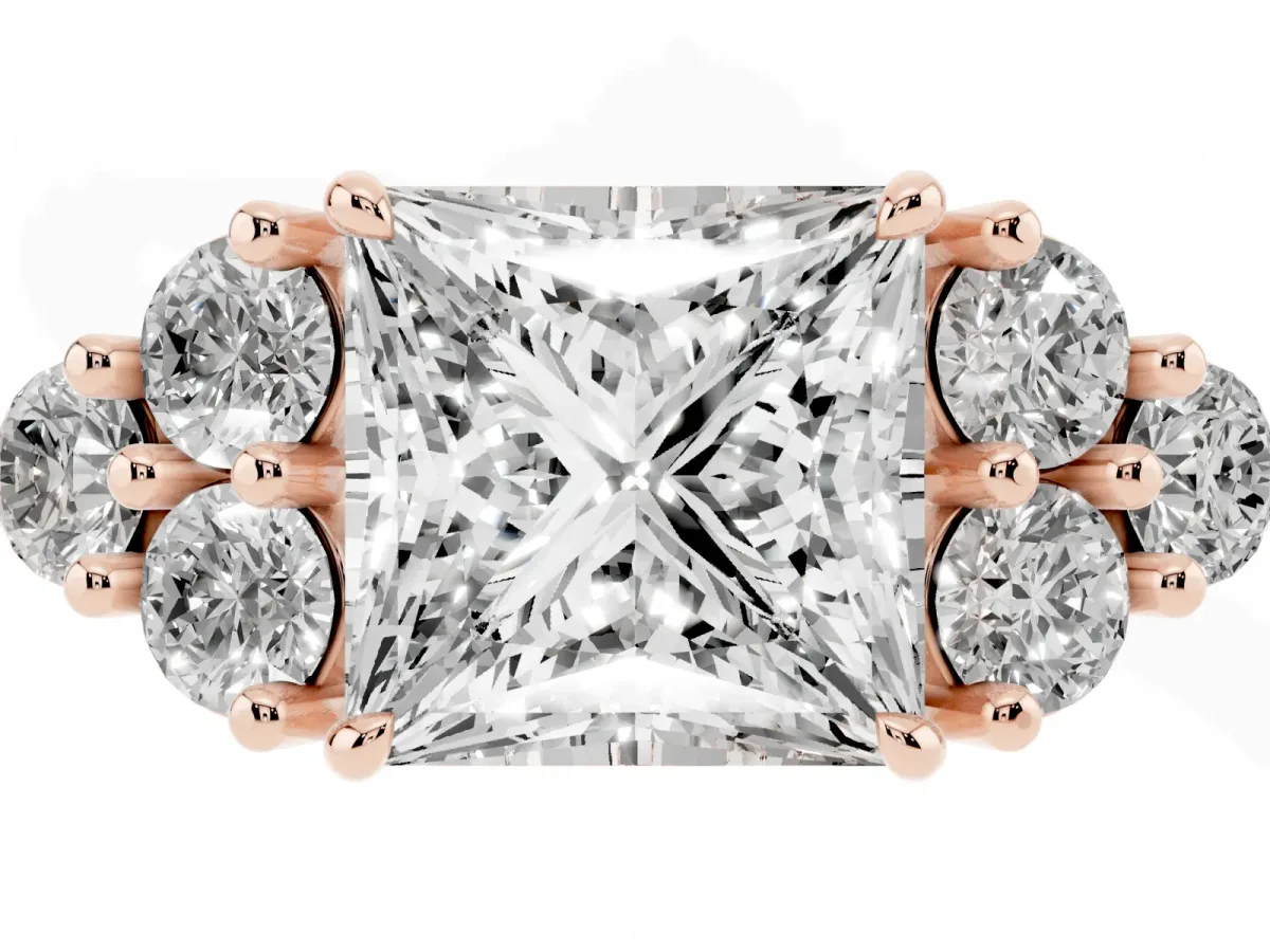 Princess Cut Brilliant Diamond Cluster Accent Solitaire Ring with Prong Setting Rose gold