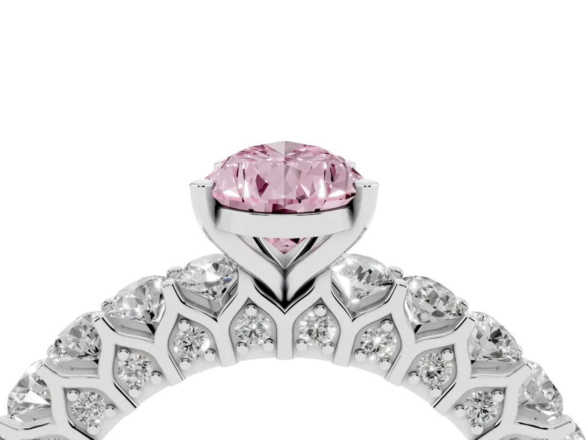 Fancy Pink Pear Cut Diamond Solitaire Ring with Shared Prong Pavé Band and Four-Prong Setting Silver