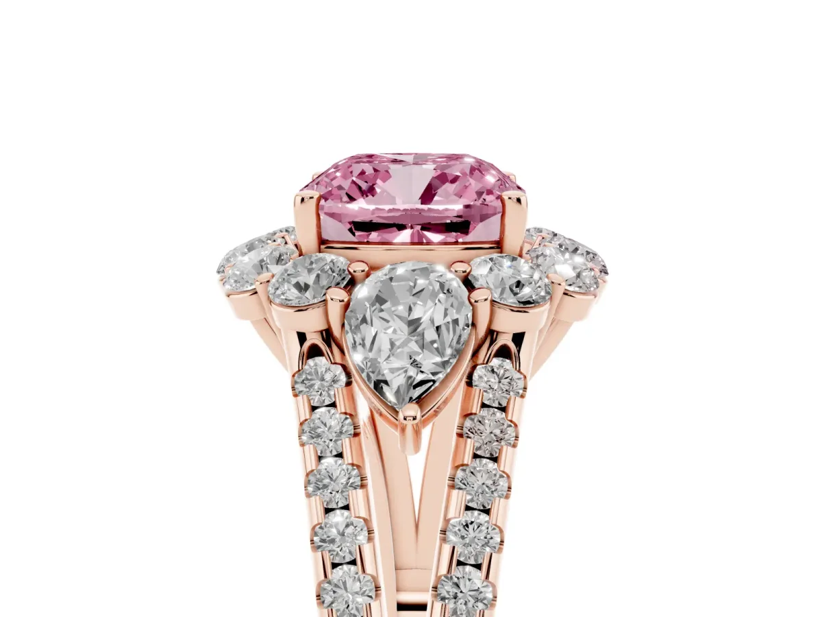 Fancy Pink Cushion Cut Halo Split Shank Diamond Engagement Ring with Prong Setting Rose gold