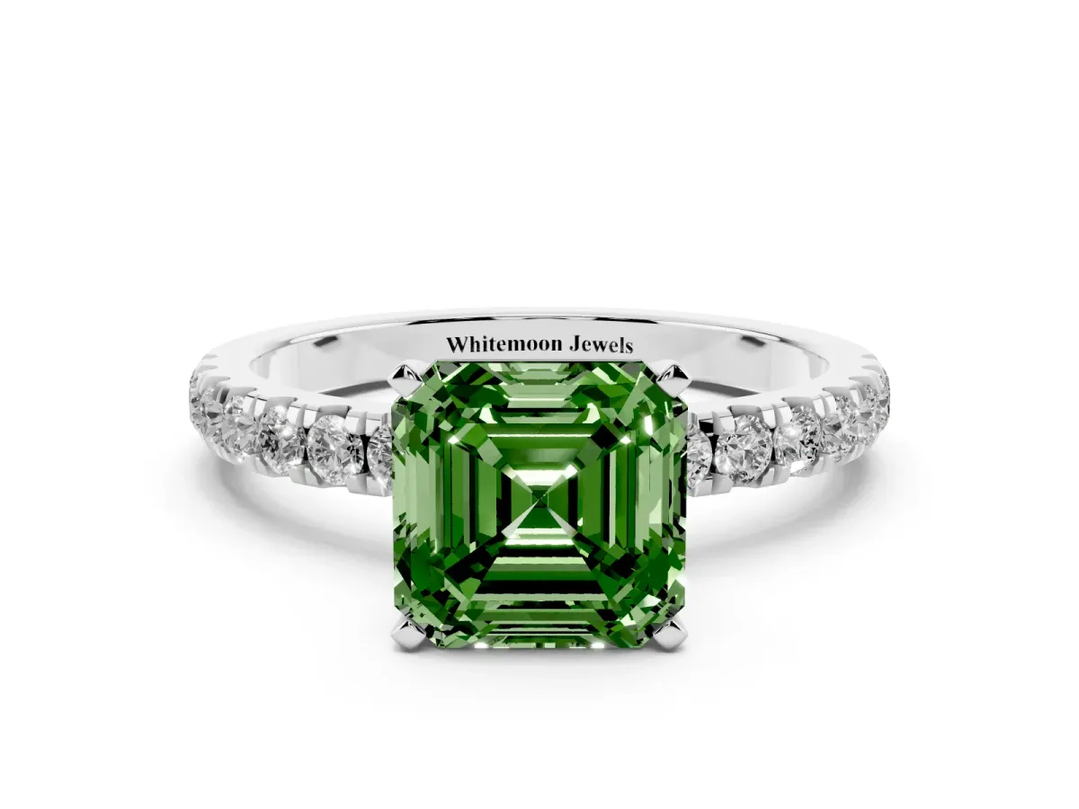 Fancy Green Asscher Cut Diamond Solitaire Ring with Pavé Accents and Four-Prong Setting Platinum