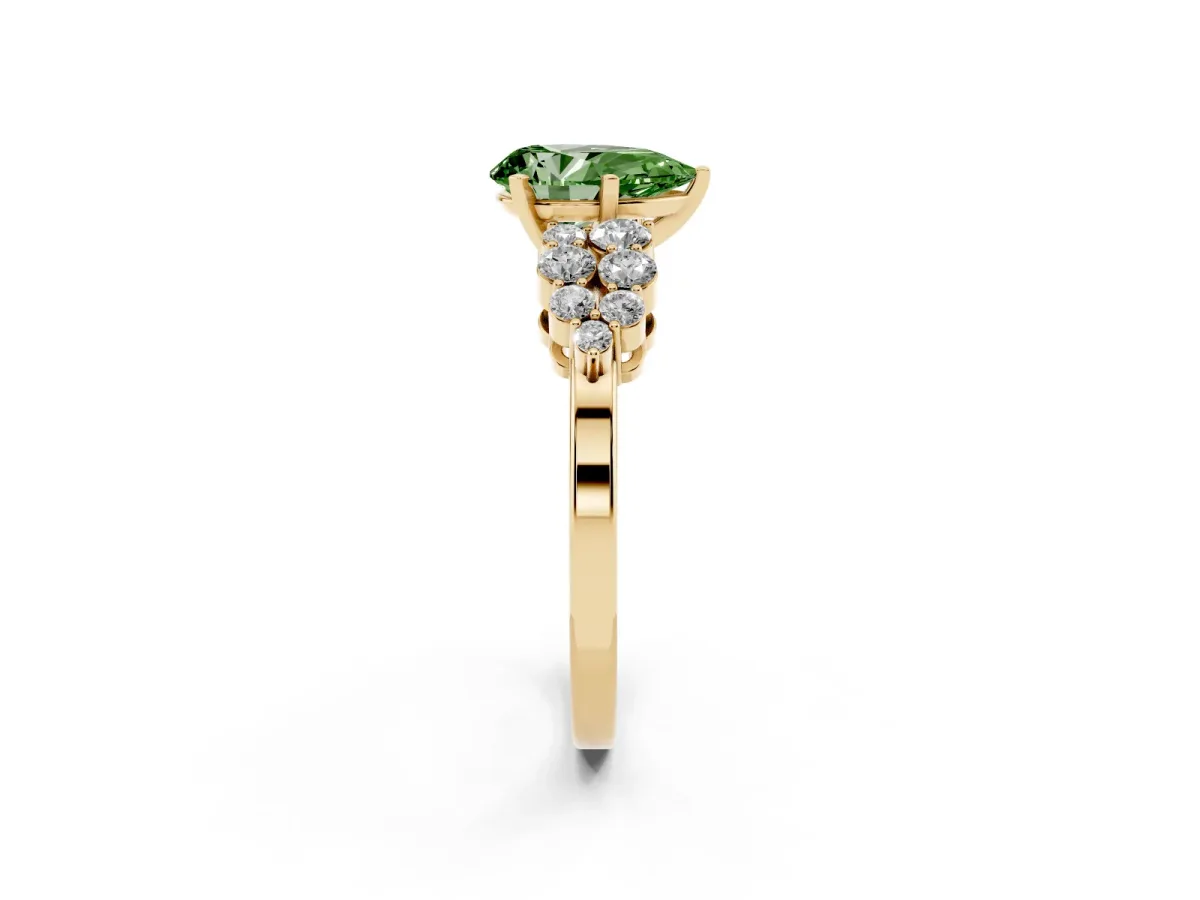 Fancy Green Pear Cut Cluster Diamond Engagement Ring with Pavé Band and Four-Prong Setting Yellow gold