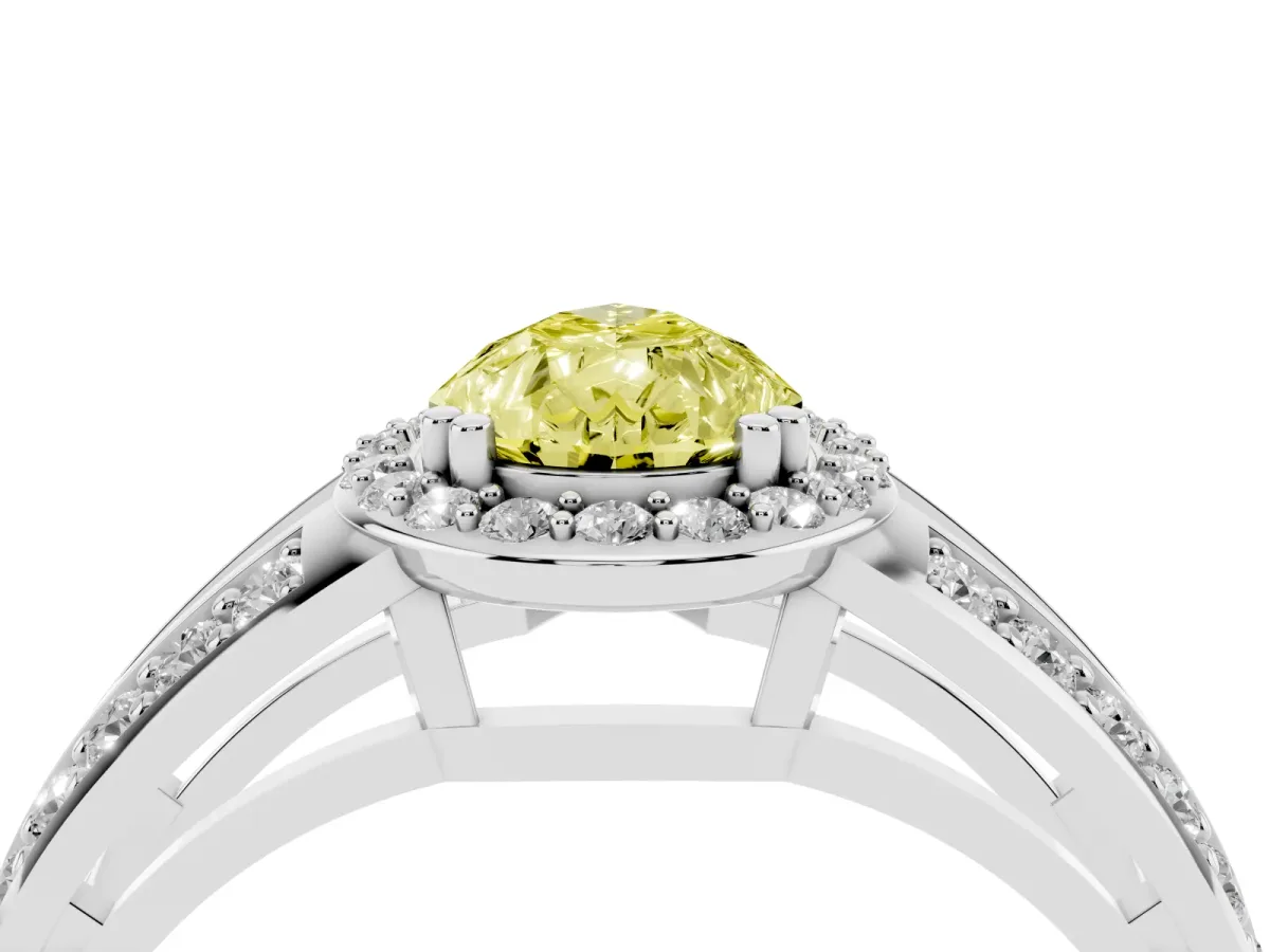 Fancy Yellow Pear Cut Diamond Halo Ring with Split Shank Pavé Band and Four-Prong Setting Platinum