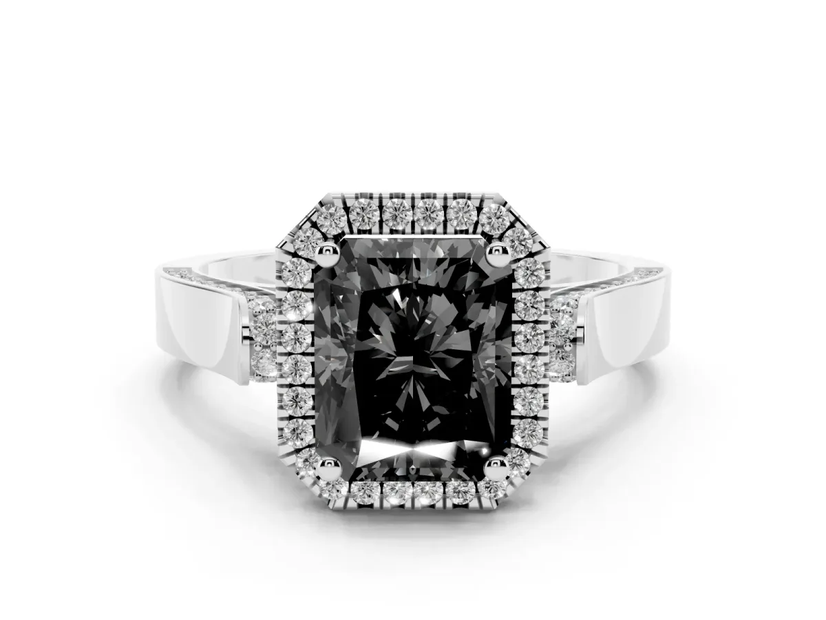 Fancy Black Radiant Cut Halo Round Diamond Twist Band with Four-Prong Setting White gold