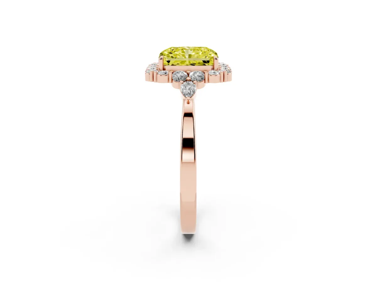 Fancy Yellow Radiant Cut Diamond Halo Ring with Pear Side Stones and Prong Setting Rose gold