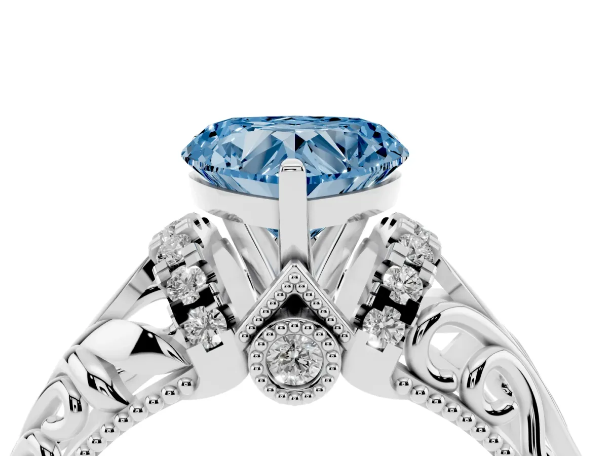Fancy Blue Heart Cut Solitaire Filigree Engagement Ring with Halo and Prong Setting White gold