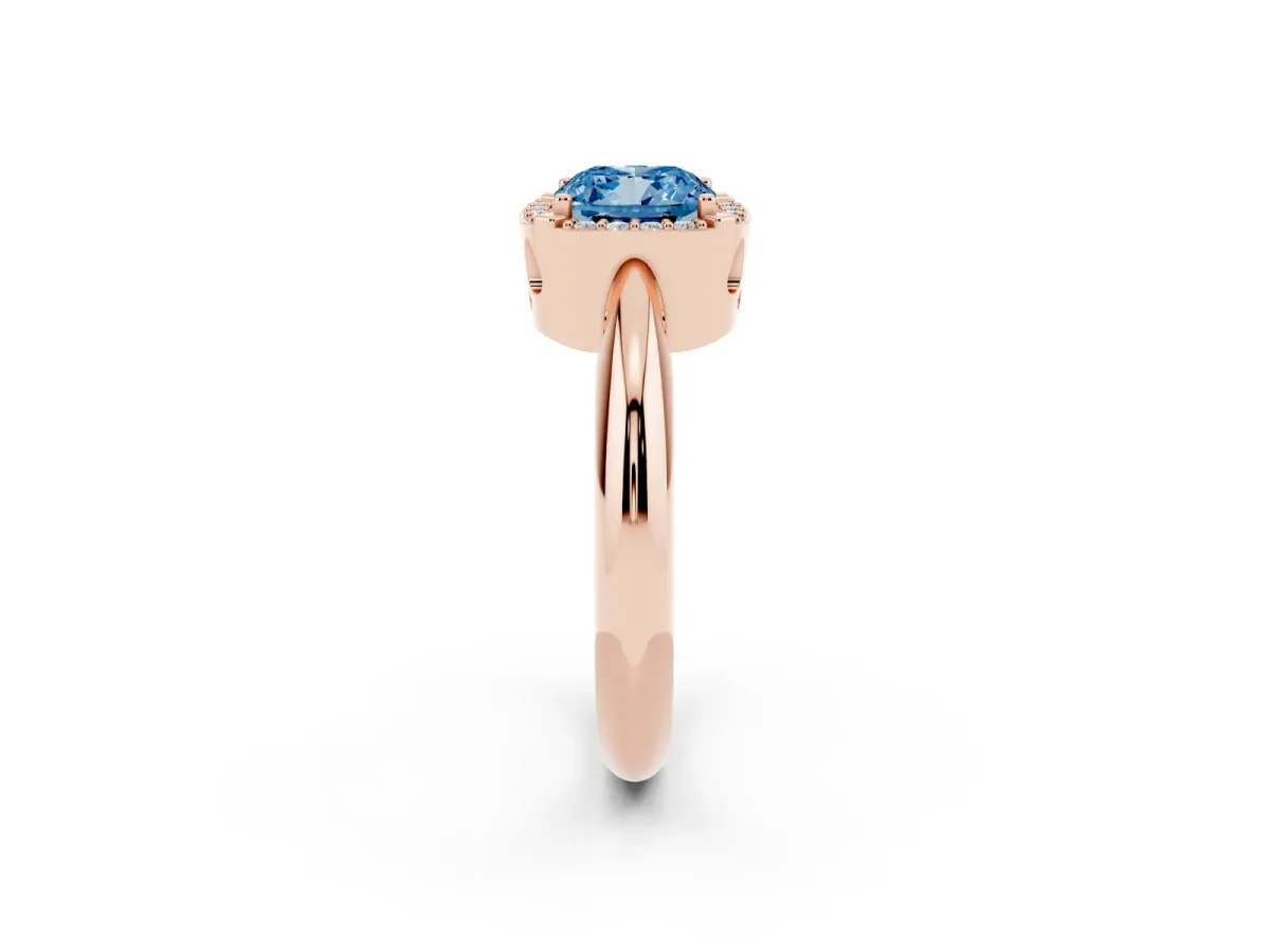 Fancy Blue Cushion Cut Cut Diamond Halo Engagement Ring with Split Shank and Four-Prong Setting Rose gold
