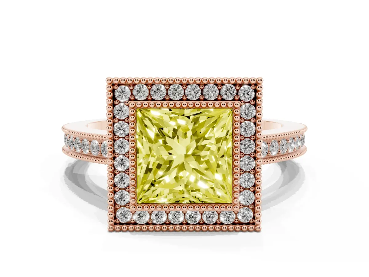 Fancy Yellow Princess Cut Cut Halo Diamond Ring with Pavé Band and Milgrain Prong Setting Rose gold