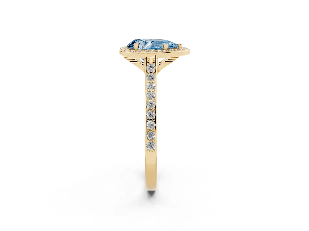 Fancy Blue Pear Cut Diamond Halo Engagement Ring with Round Pavé Shoulders and Prong Setting Yellow gold