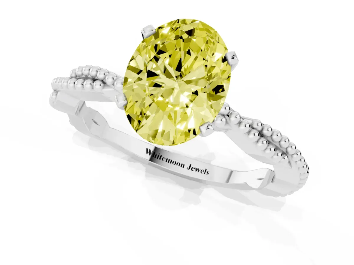 Fancy Yellow Oval Cut Solitaire Twisted Band with Bead Prong Setting Platinum