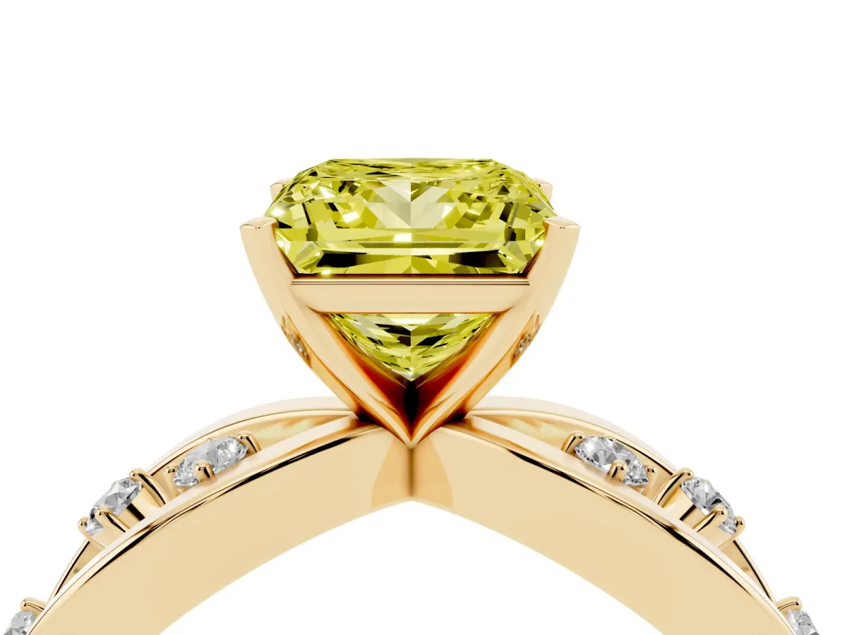 Fancy Yellow Princess Cut Cut Solitaire Diamond with Side Stones on Criss-Cross Band and Four-Prong Setting Yellow gold