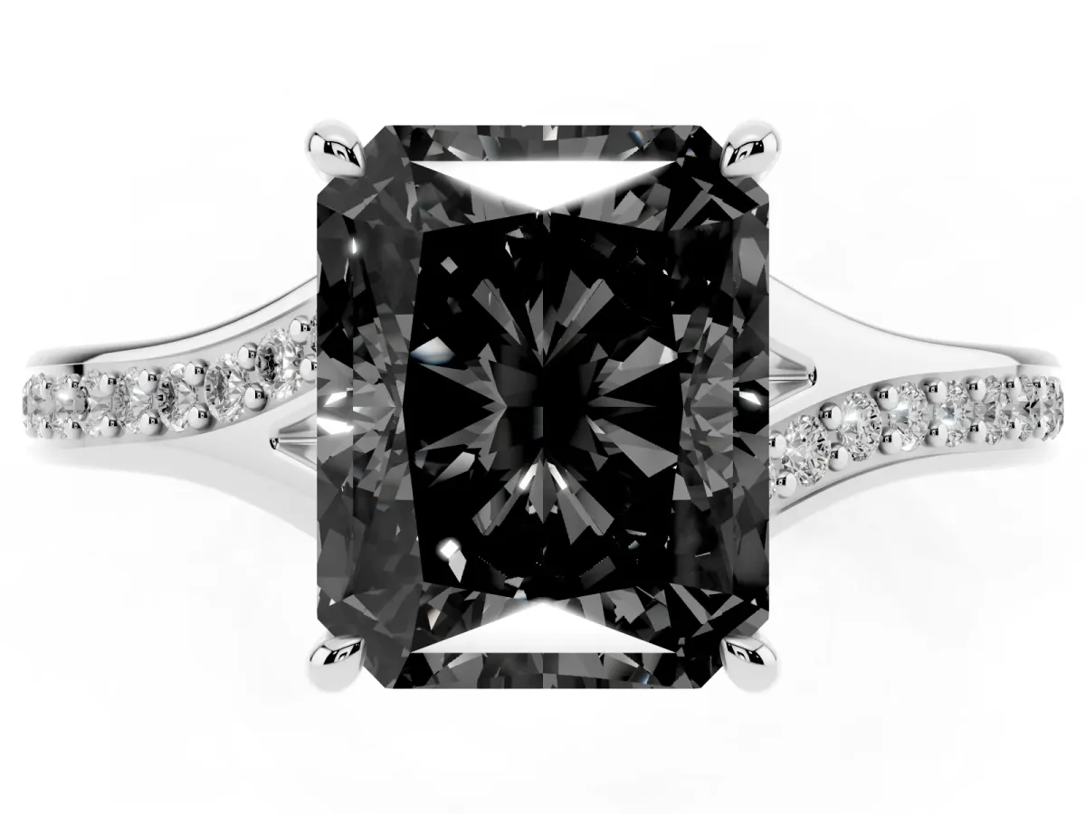 Fancy Black Radiant Cut Diamond Solitaire Ring with Pavé Band and Prong Setting Silver