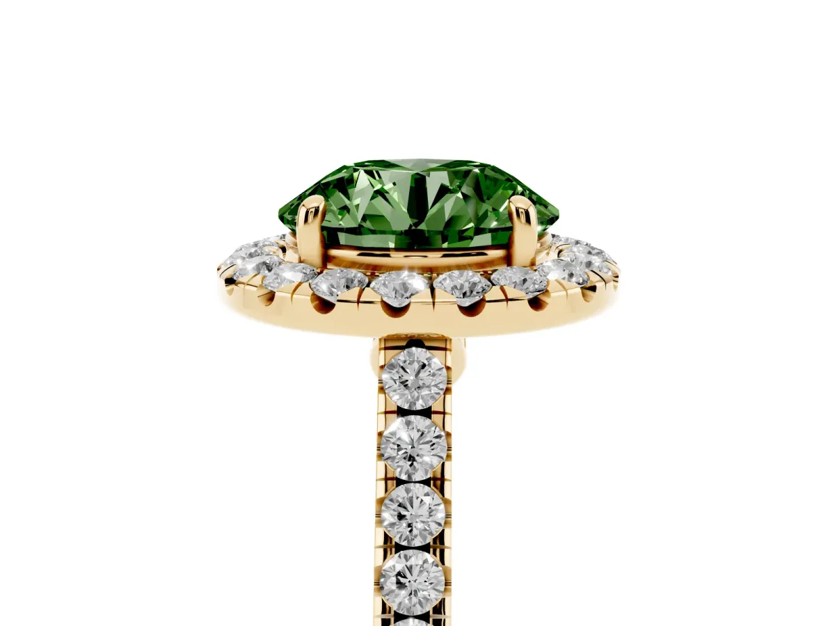 Fancy Green Round Cut Halo Pave Diamond Engagement Ring with Four-Prong Setting Yellow gold