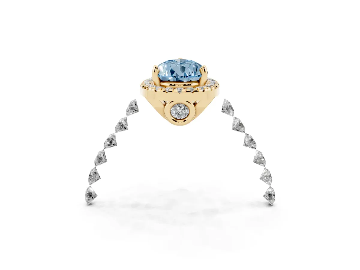 Fancy Blue Pear Cut Halo Pavé Diamond Engagement Ring with Four-Prong Setting Yellow gold