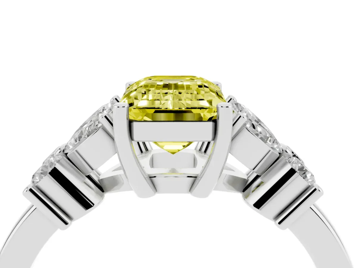 Fancy Yellow Emerald Cut Diamond Floral Cluster Ring with Solitaire Band and Prong Setting Platinum
