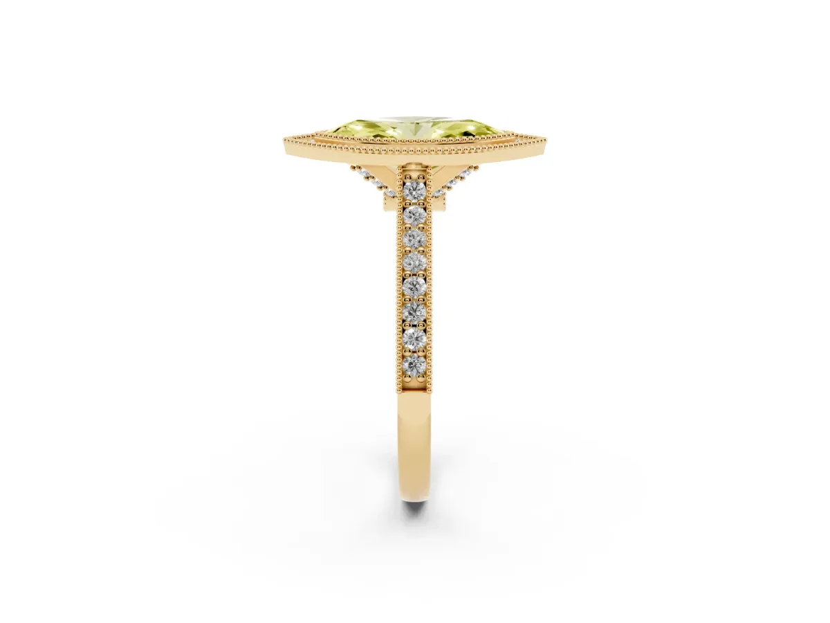 Fancy Yellow Halo Marquise Cut-Cut Diamond Pave Band Milgrain Prong Setting Ring Yellow gold
