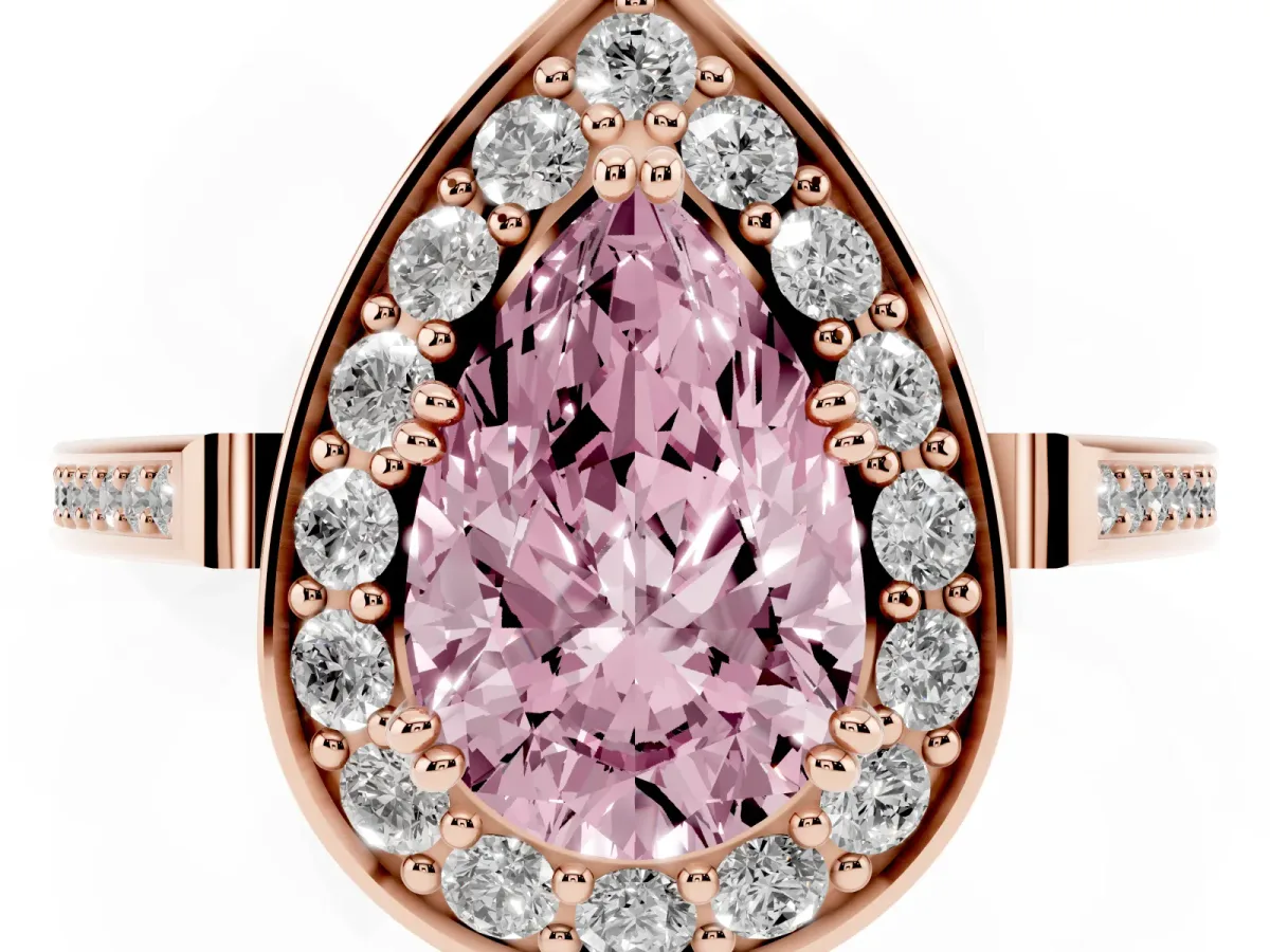 Fancy Pink Pear Cut Diamond Halo Ring with Split Shank and Four-Prong Setting Rose gold