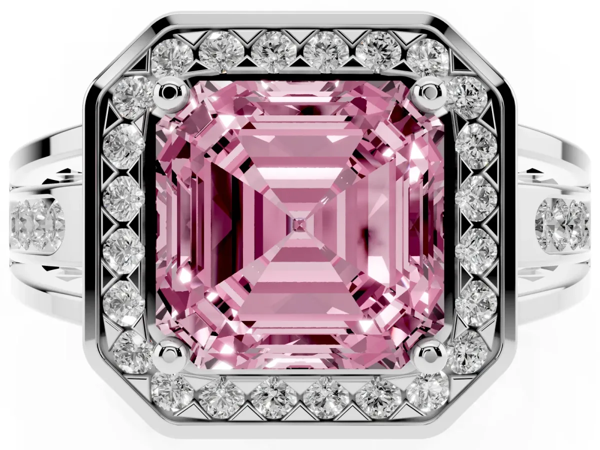 Fancy Pink Asscher Cut Diamond Halo Ring with Split Shank and Bezel Accents and Prong Setting Silver