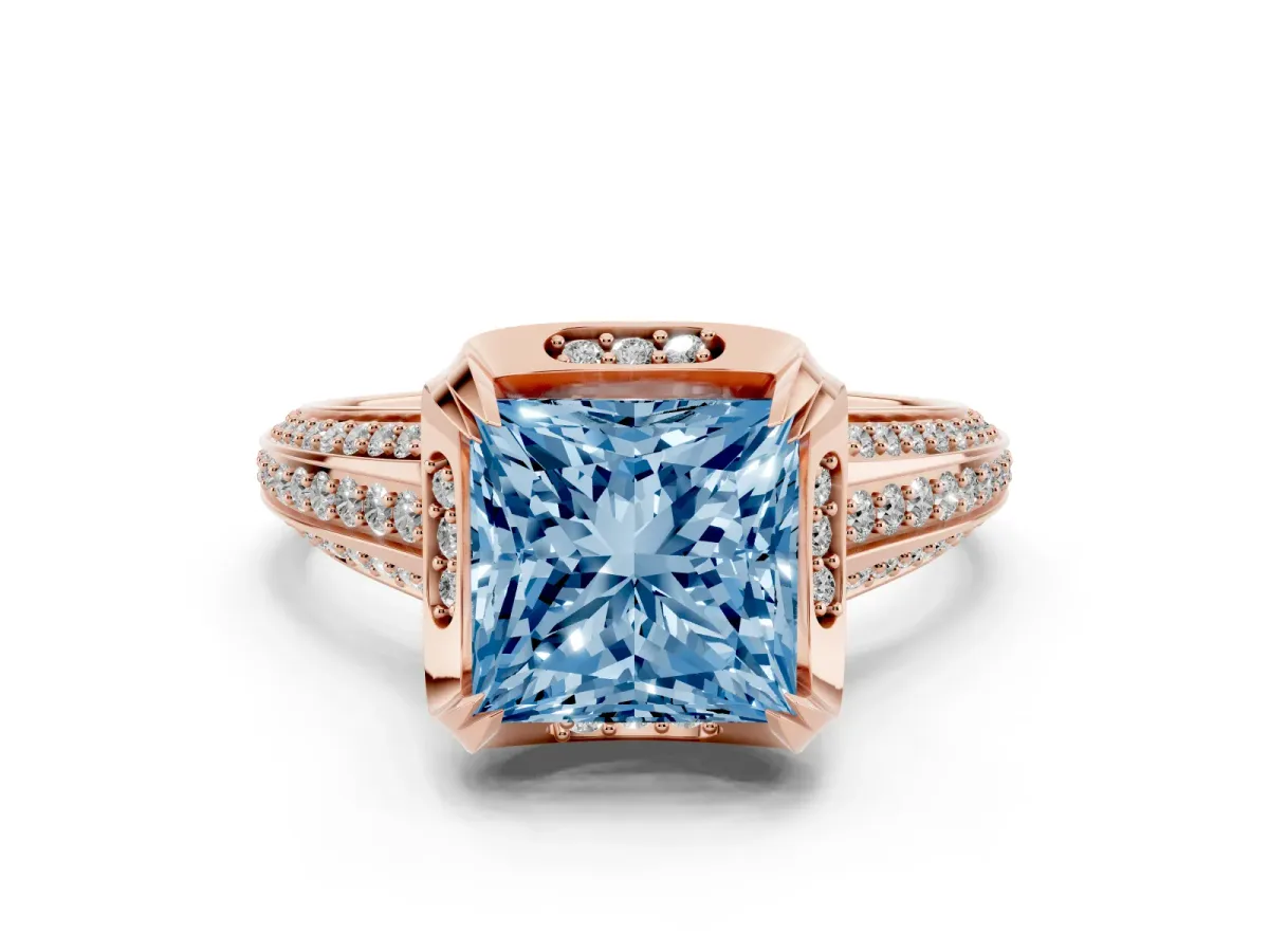 Fancy Blue Princess Cut Solitaire Pave Split Shank Ring with Four-Prong Setting Rose gold