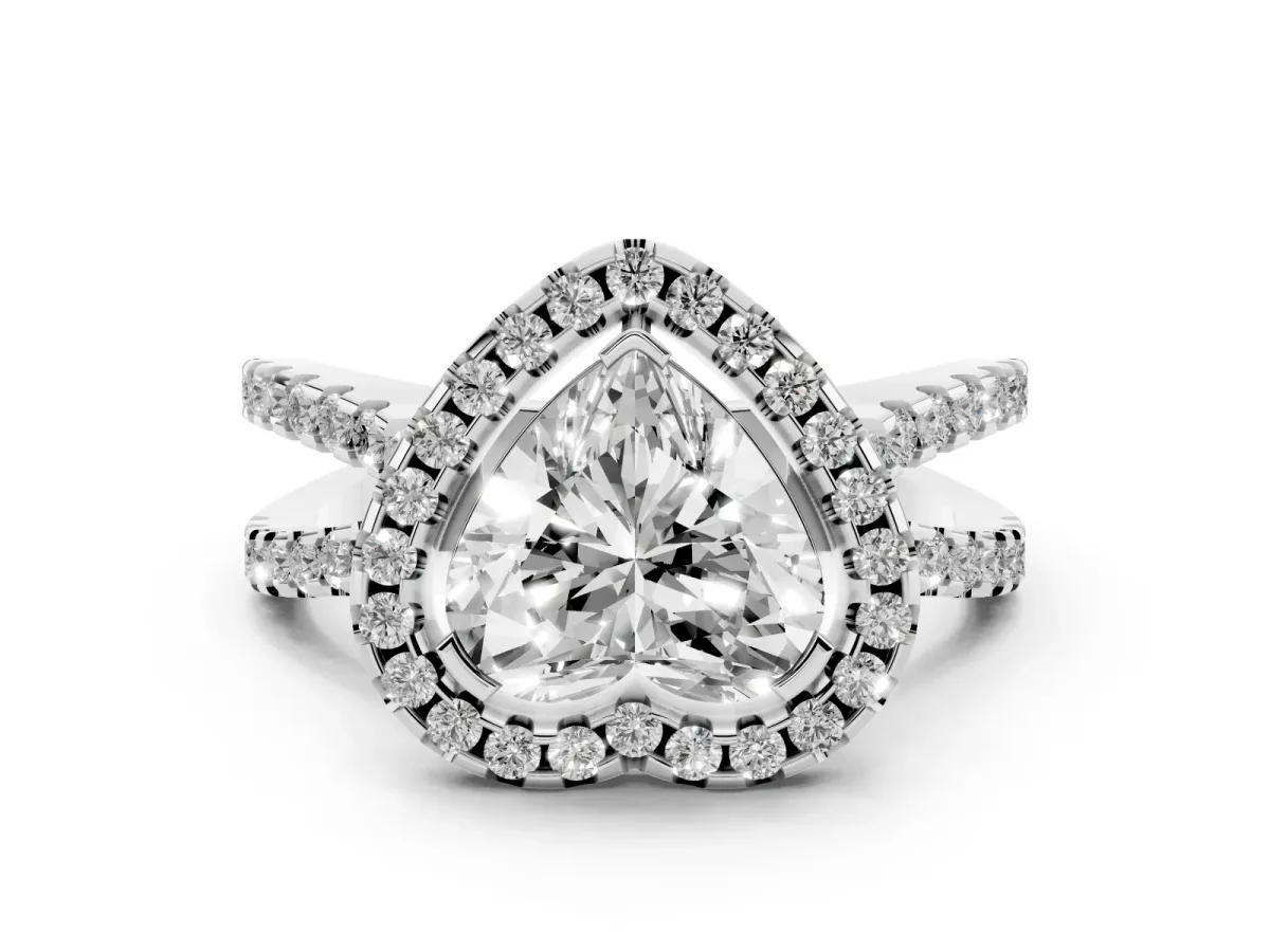 Heart Cut Diamond Halo Ring with Split Shank Pavé Band and Prong Setting Silver