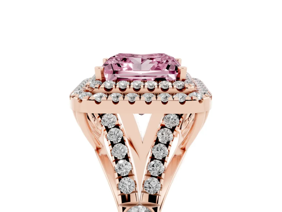 Fancy Pink Princess Cut Cut Double Halo Split Shank Diamond Ring with Prong Setting Rose gold