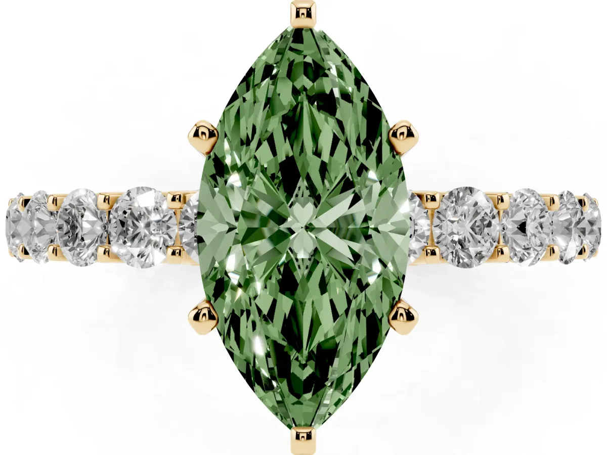 Fancy Green Marquise Cut Diamond Solitaire Ring with Shared Prong Pavé Band and Four-Prong Setting Yellow gold