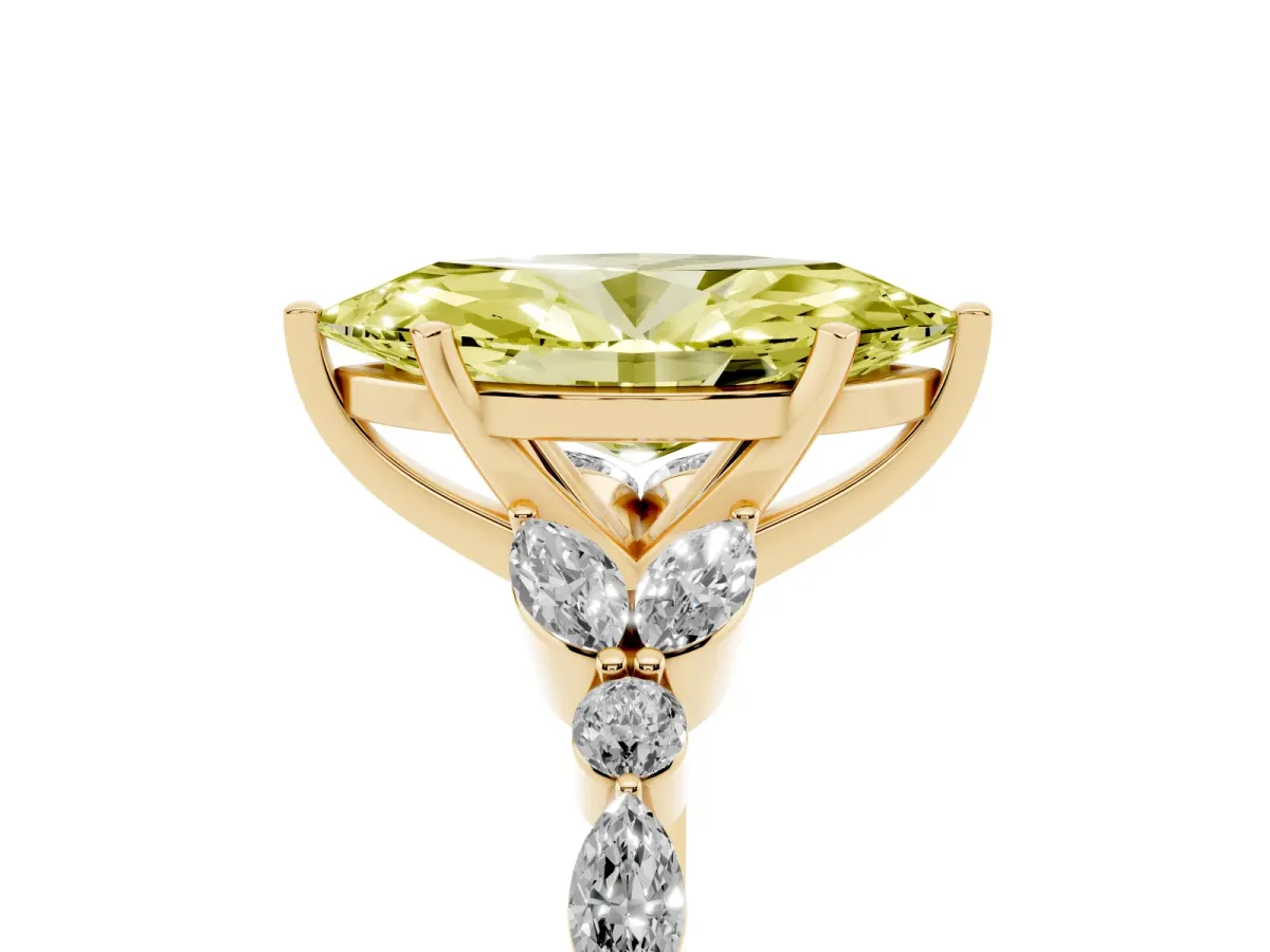 Fancy Yellow Marquise Cut Diamond Solitaire Ring with Side Stones and Four-Prong Setting Yellow gold