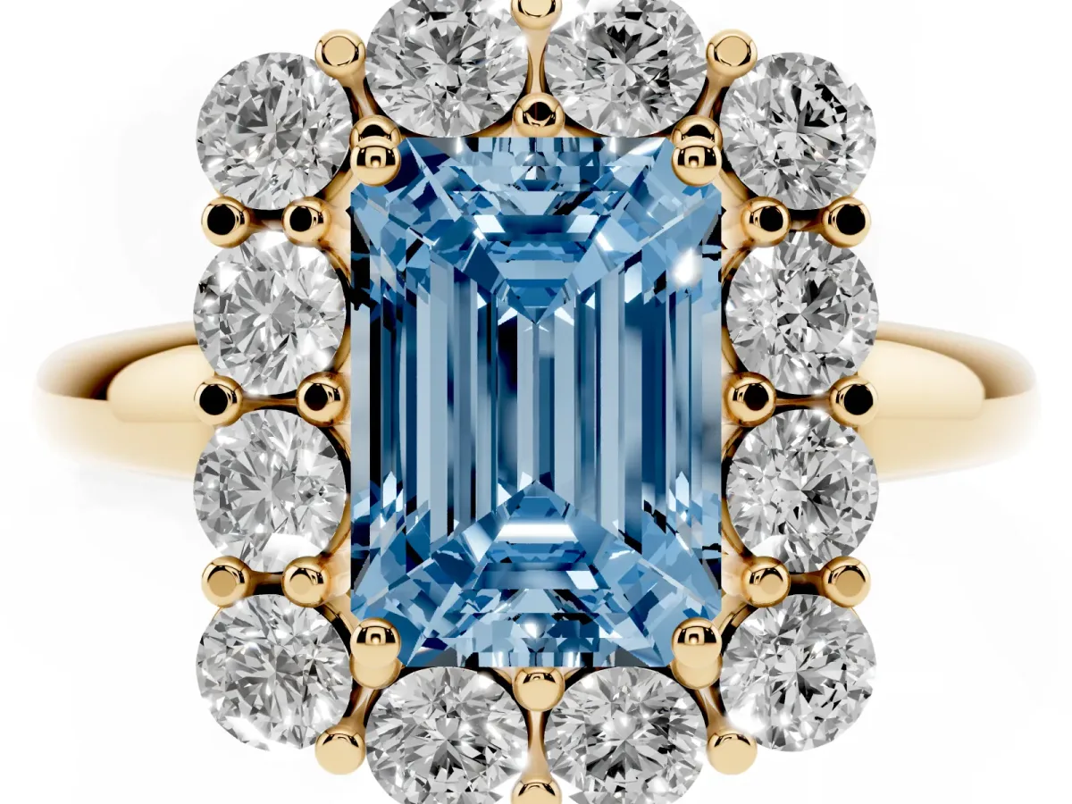 Fancy Blue Emerald Cut Halo Cluster Diamond Engagement Ring with Prong Setting and Polished Band Yellow gold