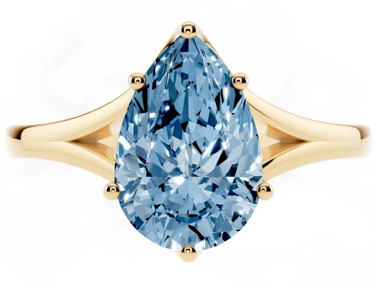 Fancy Blue Pear Cut Solitaire Diamond Ring with Six-Prong Setting and Tapered Band Yellow gold