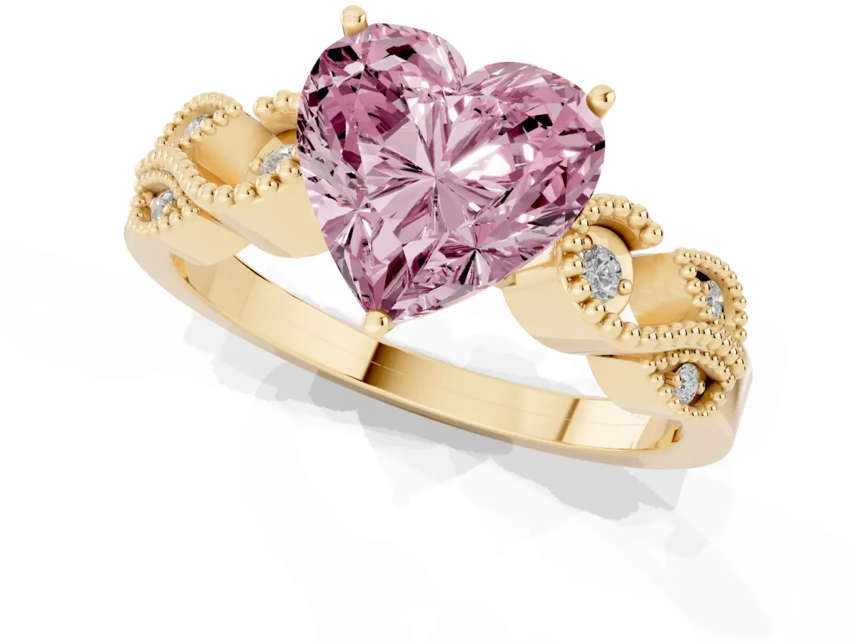 Fancy Pink Heart Cut Solitaire Milgrain Leaf Band with Prong Setting Yellow gold