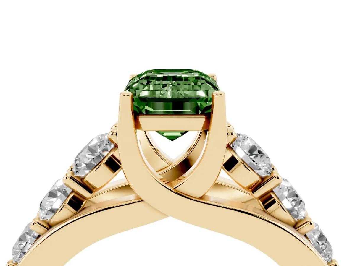 Fancy Green Emerald Cut Diamond Engagement Ring with Pavé Band and Four-Prong Setting Yellow gold