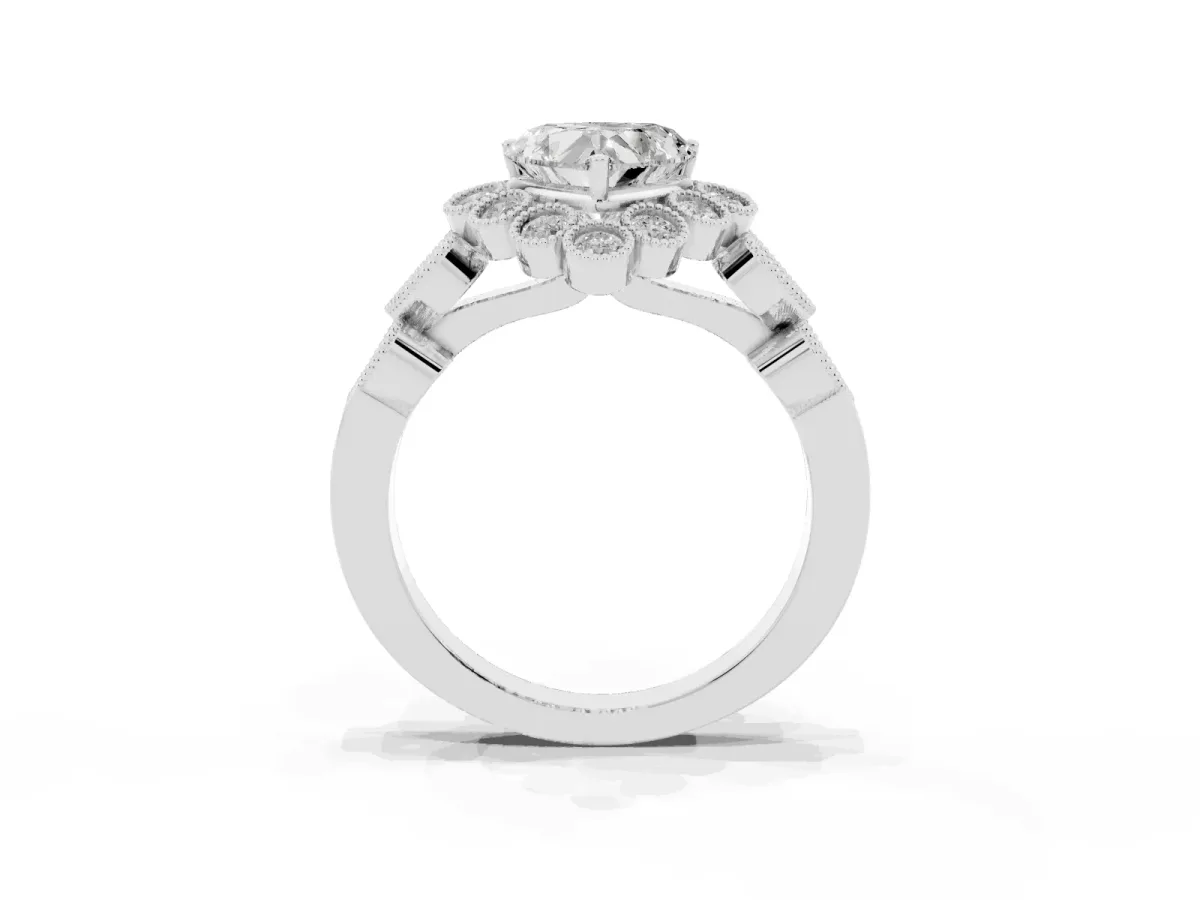 Heart Cut Brilliant Milgrain Pave Heart Band Solitaire Ring White gold