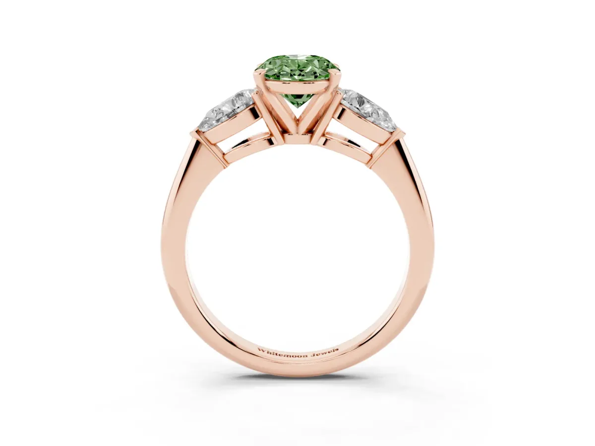 Fancy Green Three-Stone Oval Cut Diamond Ring with Pear Side Stones and Four-Prong Setting Rose gold