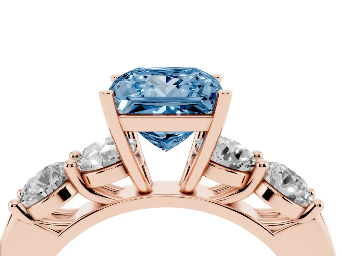 Fancy Blue Princess Cut Cut Five-Stone Prong Set Diamond Ring with Classic Band Rose gold