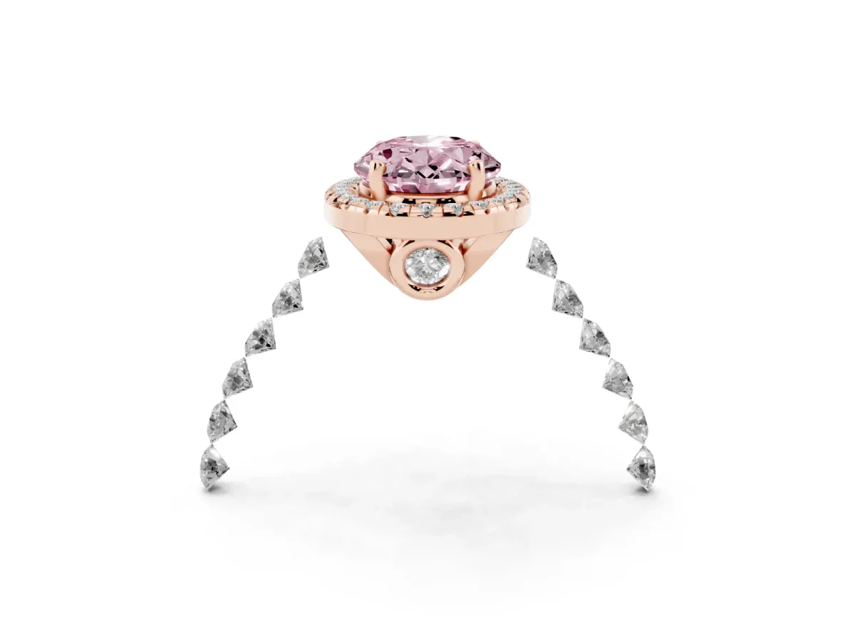 Fancy Pink Oval Cut Halo Pavé Diamond Engagement Ring with Four-Prong Setting Rose gold