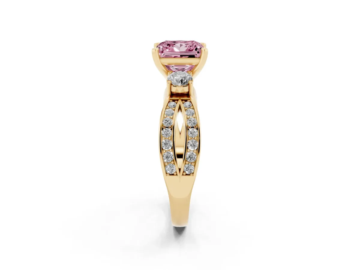 Fancy Pink Three-Stone Princess Cut Cut Diamond Twist Band with Prong Setting Yellow gold
