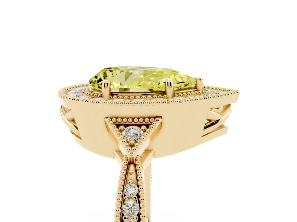 Fancy Yellow Pear Cut Halo Round Diamond Milgrain Pave Engagement Ring Yellow gold