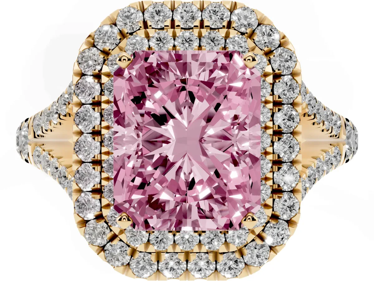 Fancy Pink Radiant Cut Cut Double Halo Split Shank Diamond Ring with Prong Setting Yellow gold