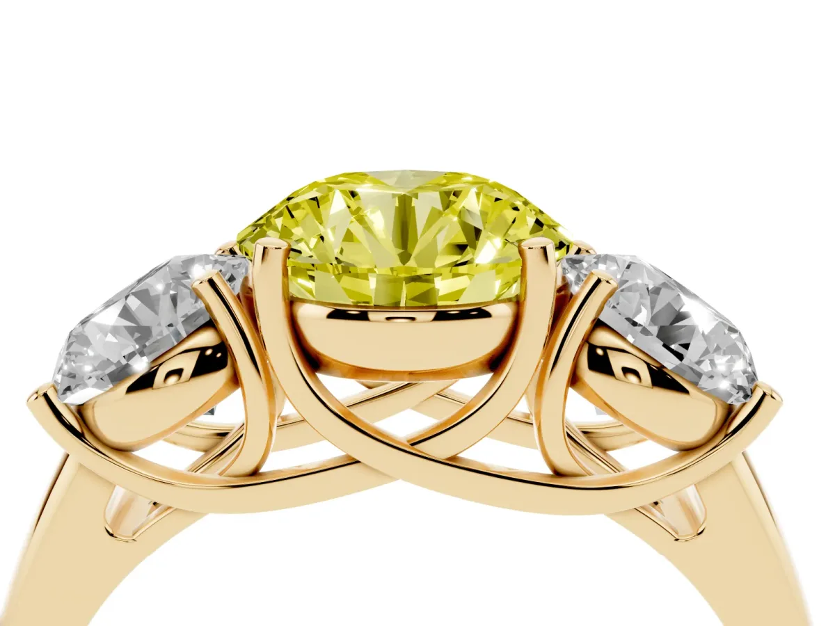 Fancy Yellow Three-Stone Round Cut Diamond Engagement Ring with Prong Setting Yellow gold