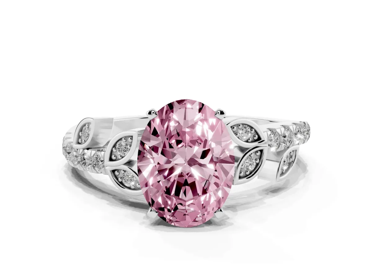 Fancy Pink Oval Cut Solitaire Leaf-Inspired Diamond Ring with Pavé Band and Four-Prong Setting Silver